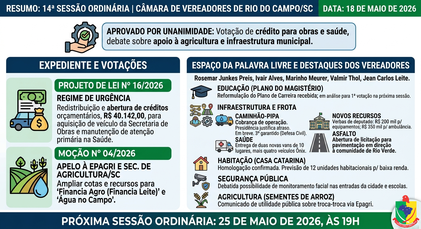 14ª Sessão Ordinária da Câmara de Vereadores de Rio do Campo, realizada em 18 de maio de 2026.