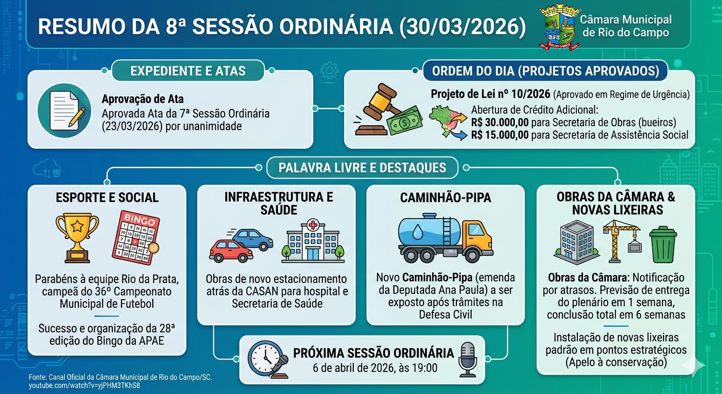 8ª Sessão Ordinária da Câmara Municipal de Rio do Campo, realizada em 30 de março de 2026: