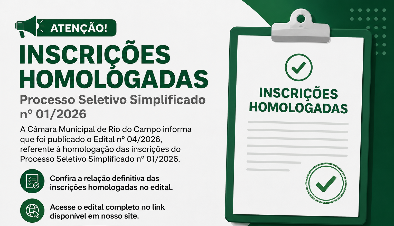 Câmara Municipal de Rio do Campo publica homologação das inscrições do Processo Seletivo Simplificado nº 01/2026