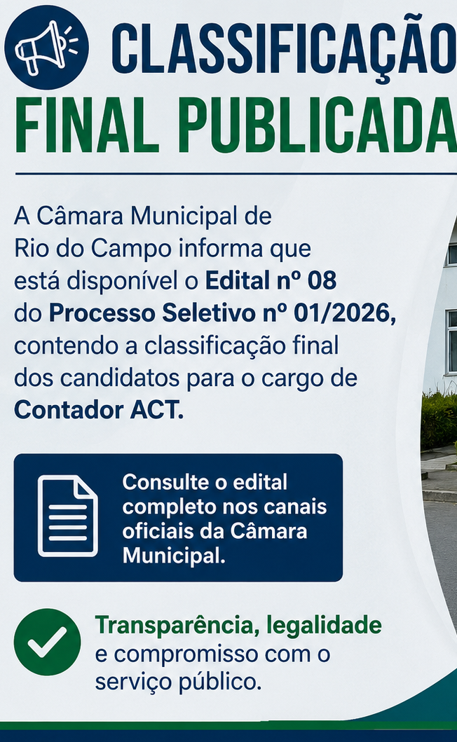 Câmara Municipal divulga classificação final do Processo Seletivo nº 01/2026