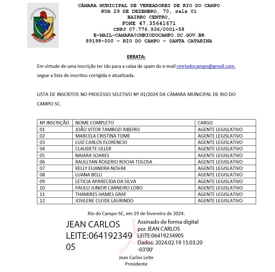 ERRATA: Lista de Inscritos do Processo Seletivo Simplificado nº 01/2024